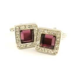 Titanium Vierkante Manchetknopen Met Diamanten En Mauve Vierkante Zirkonia
