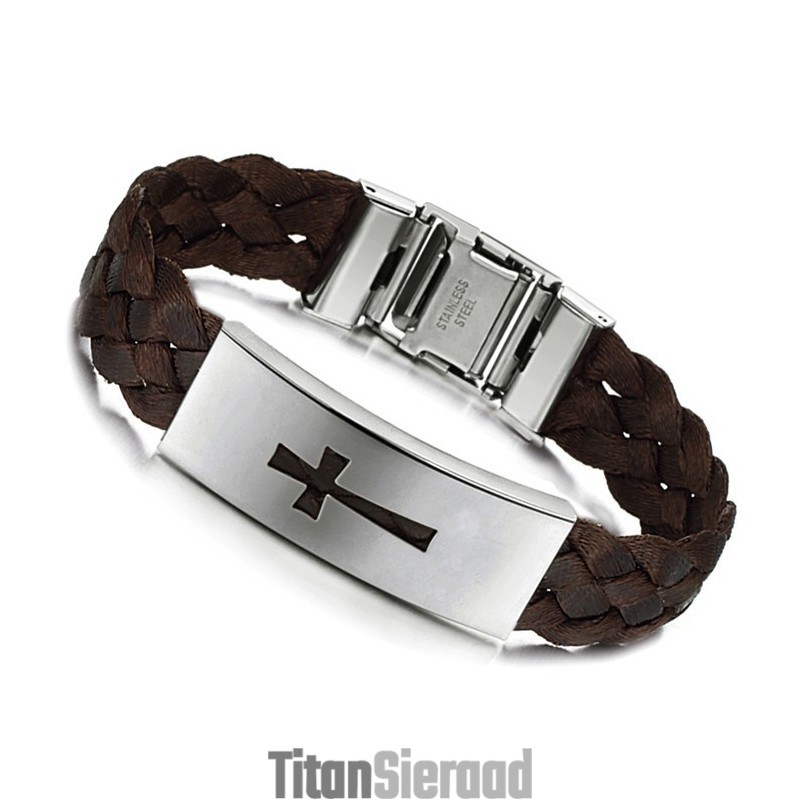 Stabiele Kwaliteit Mannelijke Kruis Titanium Leren Armband