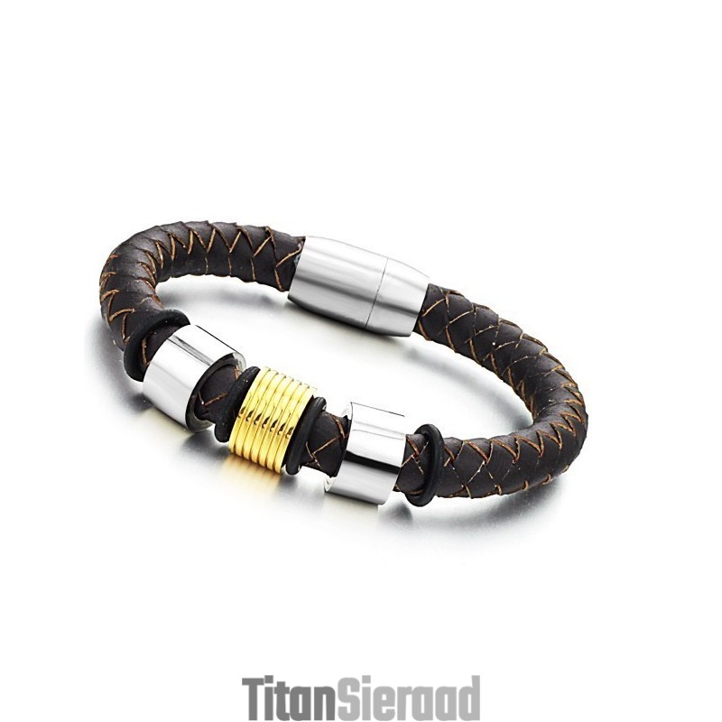 Brede Variaties Bruine Titanium Leren Armband Brede Variaties Bruine Titanium Leren Armband