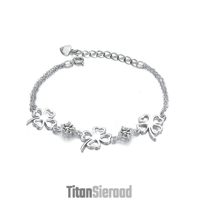 Hoogwaardige Dames Klavervorm Platina Titanium Armband Met Diamant