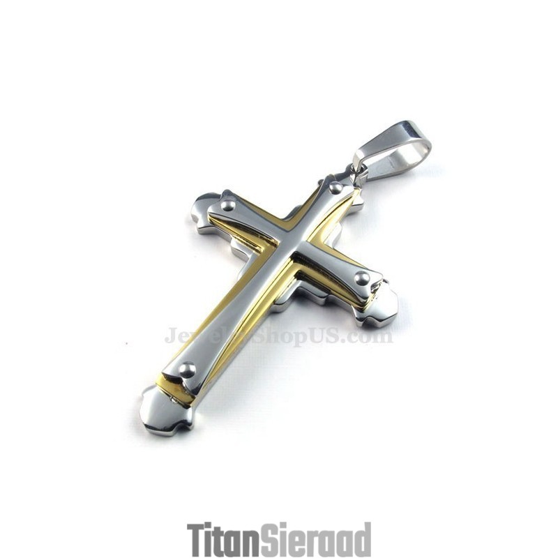 Ketting Met Drie Kruisjes Van Goudkleurig Titanium (Gratis Ketting)