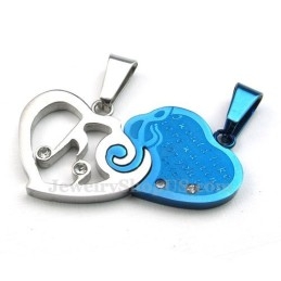 Blauwe En Zilveren Titanium Ketting Met Hartjeshanger (Gratis Ketting) (Één Paar)