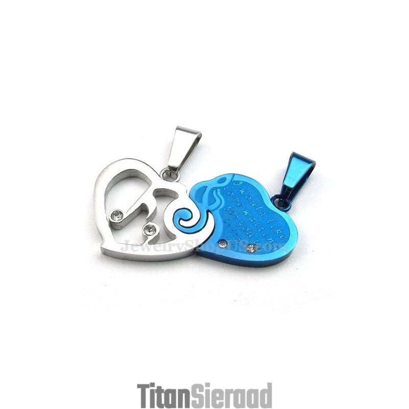 Blauwe En Zilveren Titanium Ketting Met Hartjeshanger (Gratis Ketting) (Één Paar)