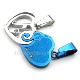 Blauwe En Zilveren Titanium Ketting Met Hartjeshanger (Gratis Ketting) (Één Paar)