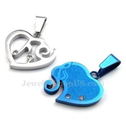 Blauwe En Zilveren Titanium Ketting Met Hartjeshanger (Gratis Ketting) (Één Paar)