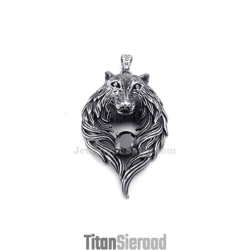 Zwarte Zirkoon Titanium Wolf Hanger Ketting (Gratis Ketting)