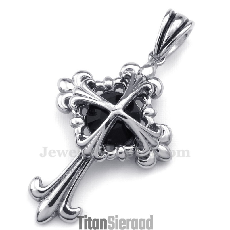 Zwarte Zirkoon Titanium Bloemenkruis Hanger Ketting (Gratis Ketting) Zwarte Zirkoon Titanium Bloemenkruis Hanger Ketting (Gratis Ketting)