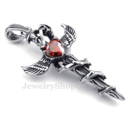 Rode Zirkoon Zwaardvleugels Titanium Kruis Hanger Ketting (Gratis Ketting)