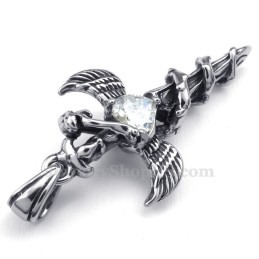 Witte Zirkoon Zwaardvleugels Titanium Kruis Hanger Ketting (Gratis Ketting)