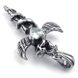 Witte Zirkoon Zwaardvleugels Titanium Kruis Hanger Ketting (Gratis Ketting)