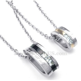 Ketting Met Hanger Van Wit Zirkoon En Titanium Cirkels (Gratis Ketting) (Één Paar)