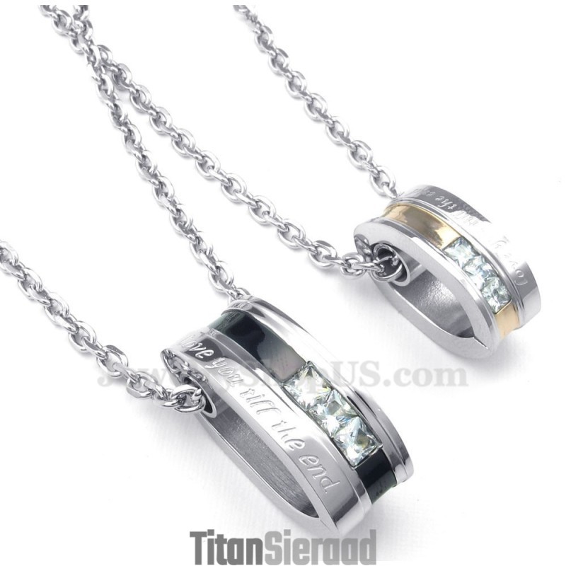 Ketting Met Hanger Van Wit Zirkoon En Titanium Cirkels (Gratis Ketting) (Één Paar)