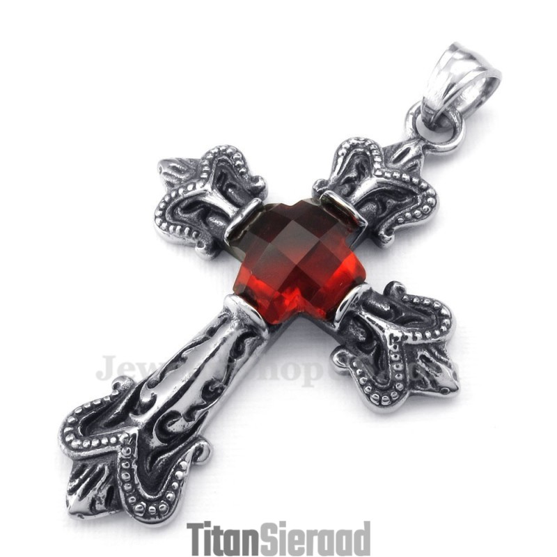 Titanium Kruishanger Met Rode Zirkonia (Gratis Ketting)