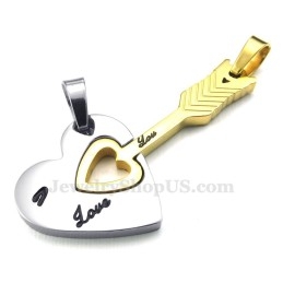 Titanium Gouden Cupido Pijlharten Koppelhanger Ketting (Gratis Ketting) (Één Paar)