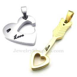 Titanium Gouden Cupido Pijlharten Koppelhanger Ketting (Gratis Ketting) (Één Paar)