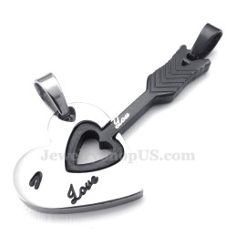 Titanium Zwarte Cupido Pijlharten Koppels Hanger Ketting (Gratis Ketting) (Één Paar)