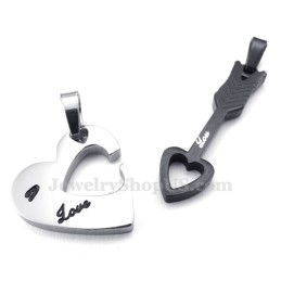 Titanium Zwarte Cupido Pijlharten Koppels Hanger Ketting (Gratis Ketting) (Één Paar)