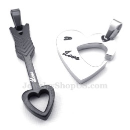 Titanium Zwarte Cupido Pijlharten Koppels Hanger Ketting (Gratis Ketting) (Één Paar)