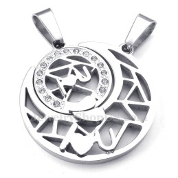 Titanium Zilveren Maan En Sterren Koppel Hanger Ketting (Gratis Ketting) (Één Paar)