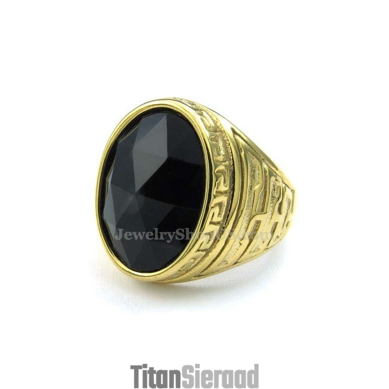 Heren Gouden Titanium Ring Met Zwarte Zirkoon Heren Gouden Titanium Ring Met Zwarte Zirkoon