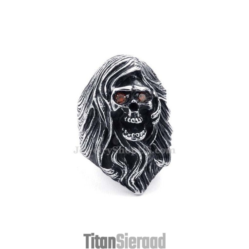 Titanium Schedelring Met Rode Zirkonia Ogen Titanium Schedelring Met Rode Zirkonia Ogen