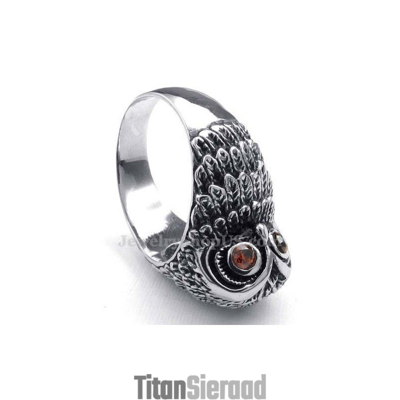 Titanium Uilenring Met Rode Zirkonia Ogen Titanium Uilenring Met Rode Zirkonia Ogen