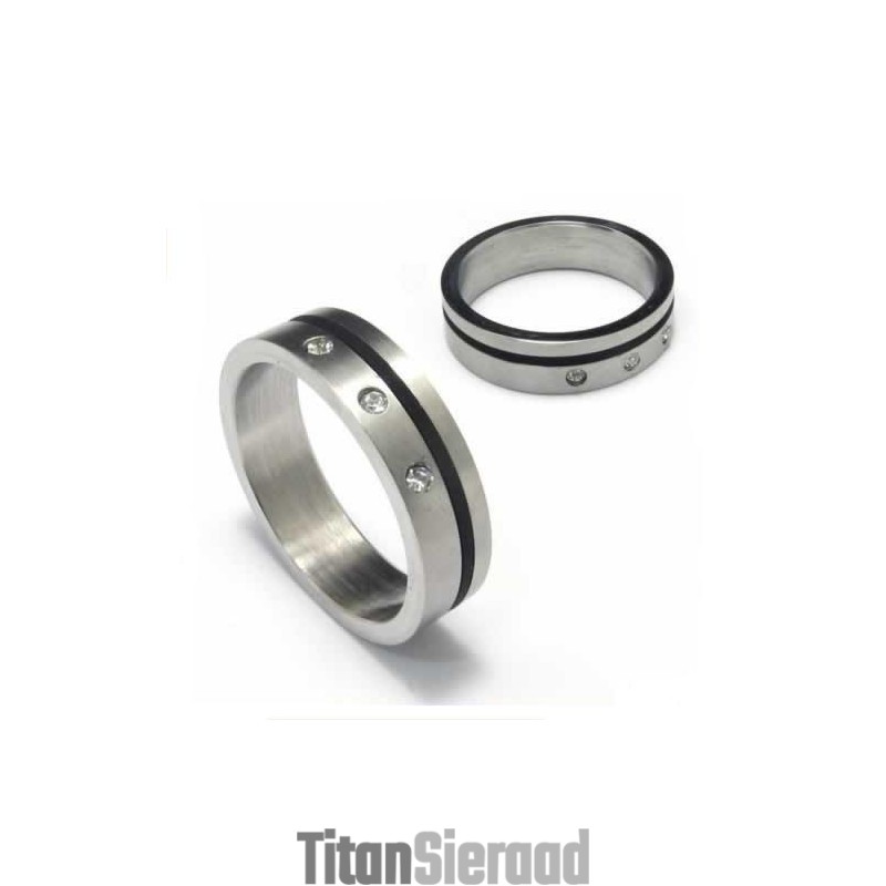 Ring Met Diamanten, 5 Mm Titanium En Zwarte Emaille Band Ring Met Diamanten, 5 Mm Titanium En Zwarte Emaille Band
