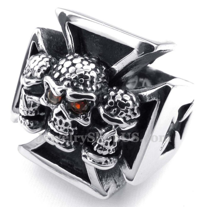 Titanium Kruis Schedelring Met Rode Zirkonia Ogen Titanium Kruis Schedelring Met Rode Zirkonia Ogen