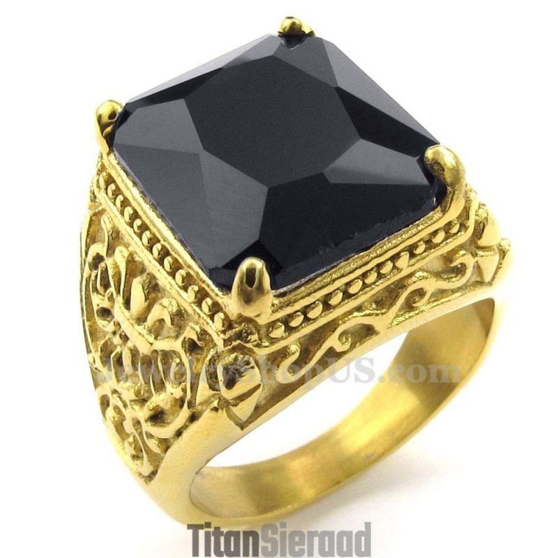 Gouden Titanium Ring Met Zwarte Zirkoon Gouden Titanium Ring Met Zwarte Zirkoon