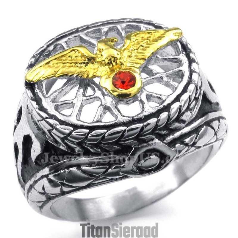 Titanium Gouden Arendsring Met Rode Zirkoon Titanium Gouden Arendsring Met Rode Zirkoon