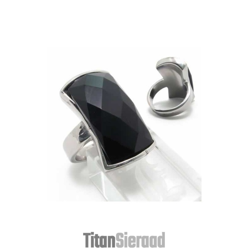 Zwarte Agaat 13 Mm Titanium Ingelegde Ring