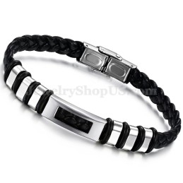Heren Zilveren Zwarte Titanium Leren Armband C767