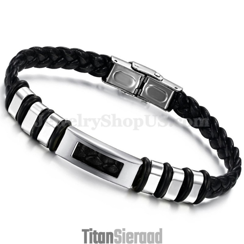Heren Zilveren Zwarte Titanium Leren Armband C767 Heren Zilveren Zwarte Titanium Leren Armband C767
