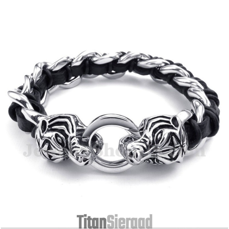 Heren Titanium Tijgerkop Leren Armband