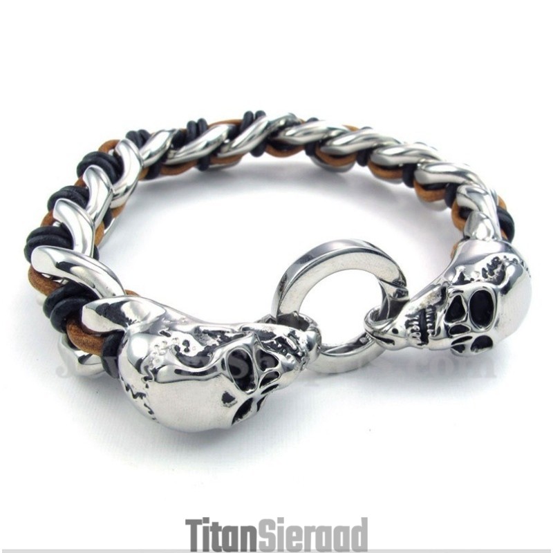 Heren Titanium Schedel Leren Armband