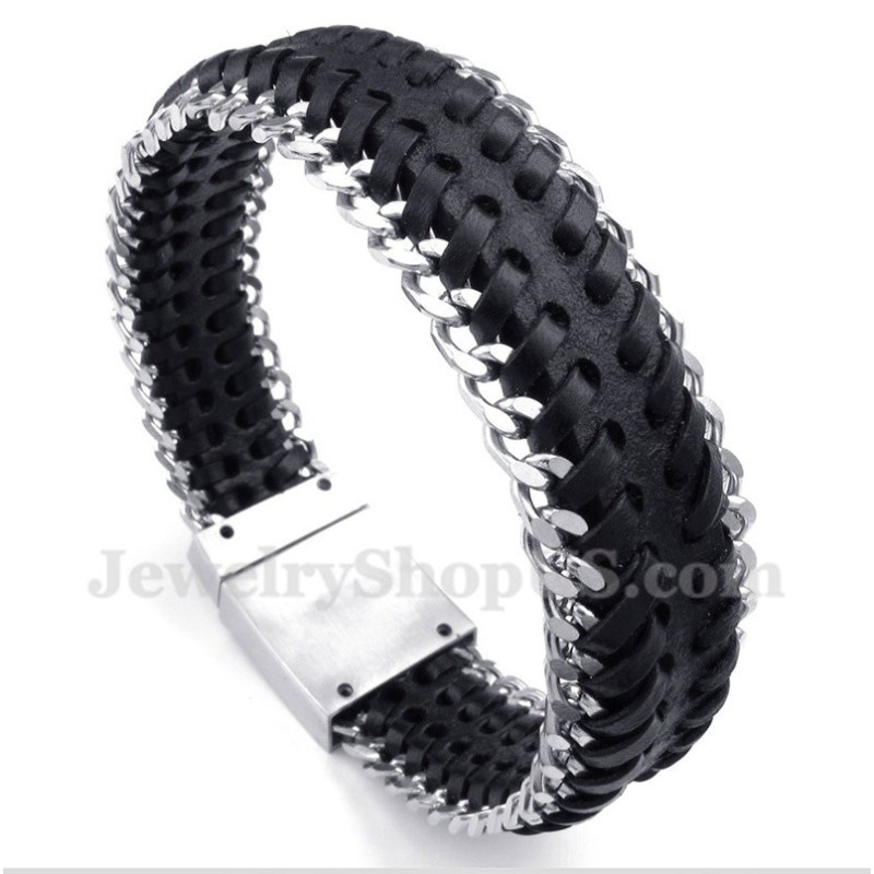 Heren Titanium Zwarte Leren Armband Heren Titanium Zwarte Leren Armband