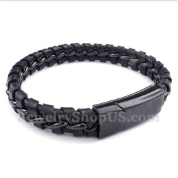 Heren Titanium Zwarte Leren Armband