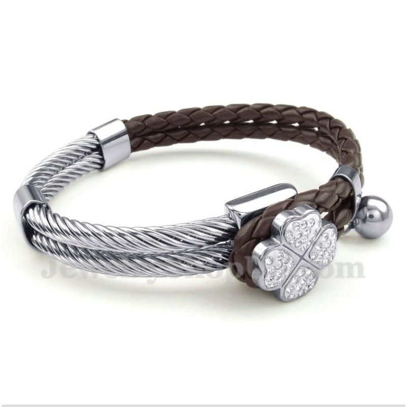 Heren Klaver Leren Titanium Armband