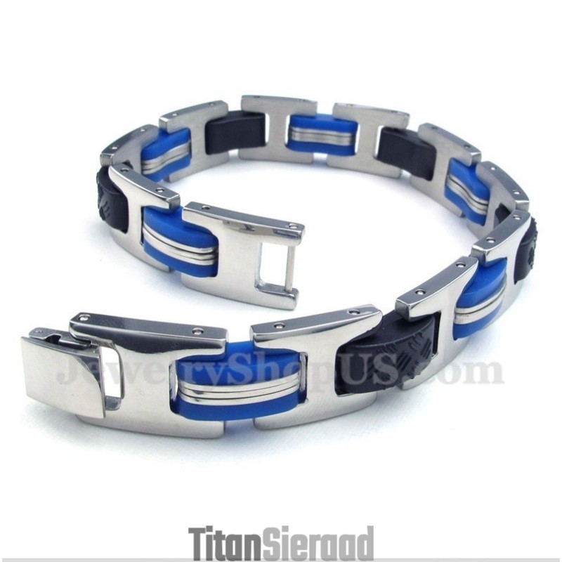 Heren Titanium Blauw Zwarte Rubberen Armband Heren Titanium Blauw Zwarte Rubberen Armband