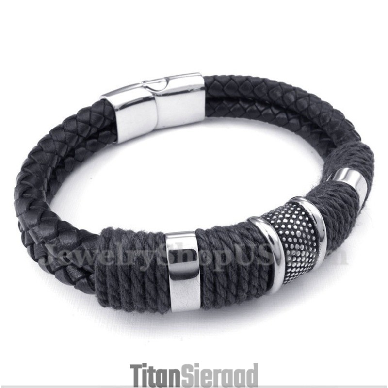 Heren Titanium Zwarte Leren Armband Heren Titanium Zwarte Leren Armband