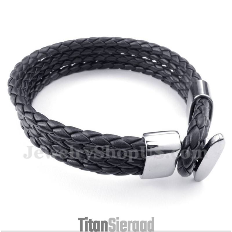 Heren Titanium Zwarte Leren Armband