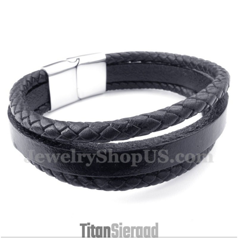 Heren Titanium Zwarte Leren Armband Heren Titanium Zwarte Leren Armband