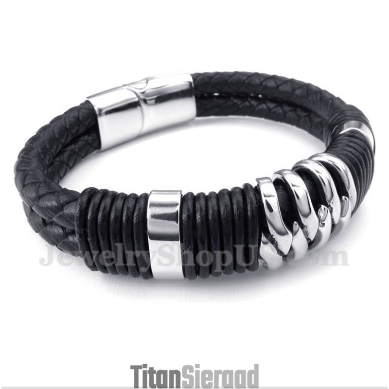 Heren Titanium Zwarte Leren Armband Heren Titanium Zwarte Leren Armband