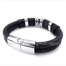 Heren Titanium Zwarte Leren Armband