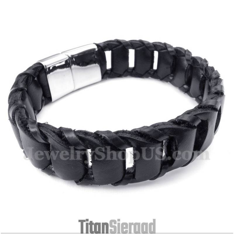 Heren Titanium Zwarte Leren Armband