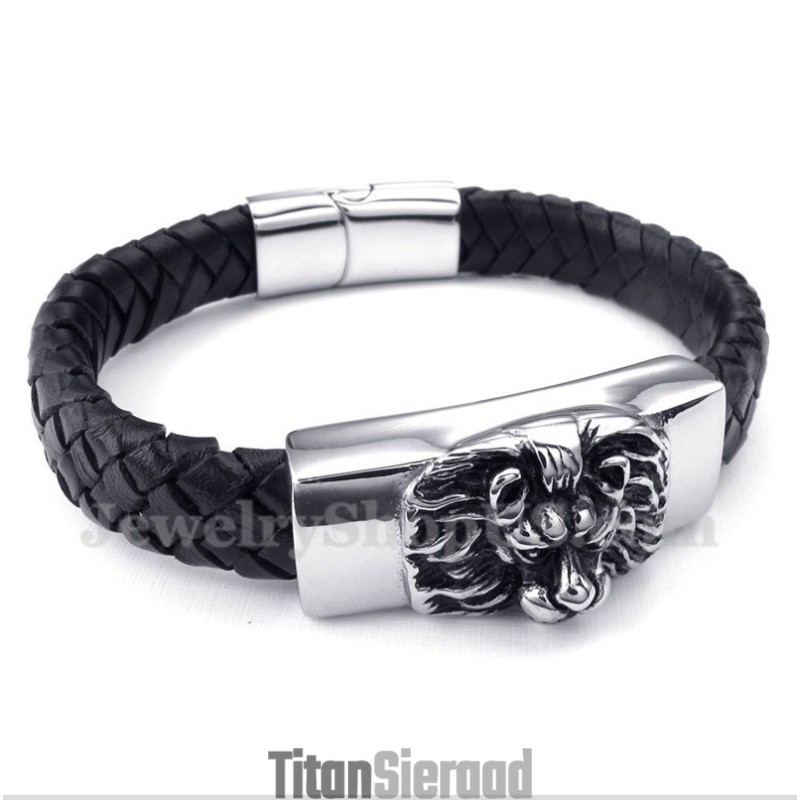 Heren Titanium Leeuwenkop Leren Armband