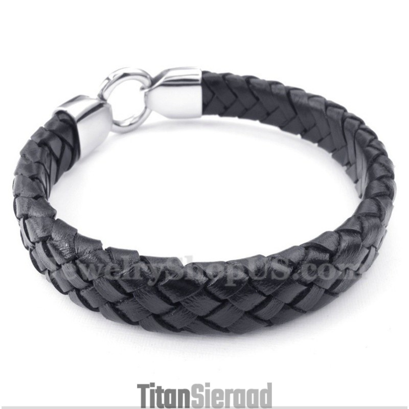 Heren Titanium Zwarte Leren Armband Heren Titanium Zwarte Leren Armband