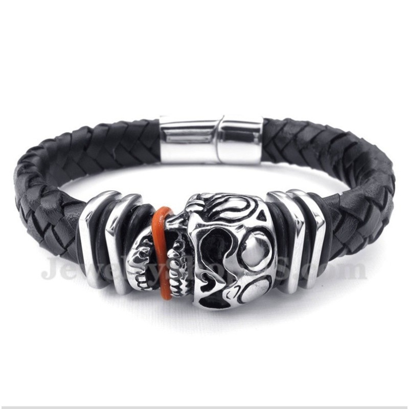 Heren Leren Schedel Titanium Armband Heren Leren Schedel Titanium Armband