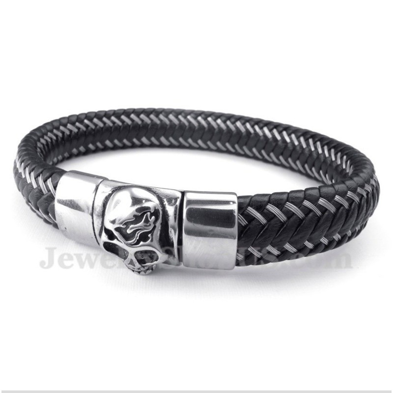 Heren Titanium Zwarte Leren Kabelarmband Heren Titanium Zwarte Leren Kabelarmband