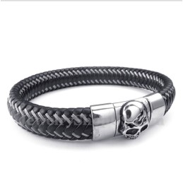 Heren Titanium Zwarte Leren Kabelarmband